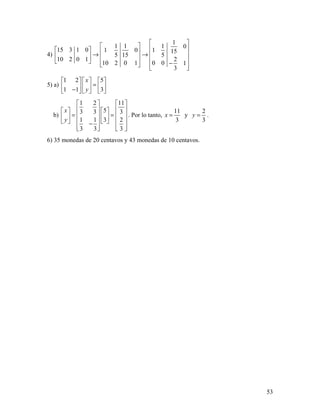 53
4)
1
1 1 1 0
15 3 1 0 1 0 1 15
5 15 5
10 2 0 1 2
10 2 0 1 0 0 1
3
 
      → →         −     
5) a)
1 2 5
1 1 3
x
y
     
=     −     
b)
1 2 11
53 3 3
1 1 3 2
3 3 3
x
y
   
      
= =      
      −
      
. Por lo tanto,
11
3
x = y
2
3
y = .
6) 35 monedas de 20 centavos y 43 monedas de 10 centavos.
 