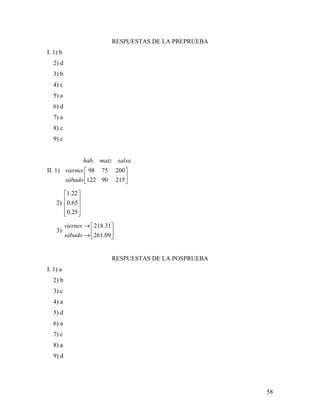 58
RESPUESTAS DE LA PREPRUEBA
I. 1) b
2) d
3) b
4) c
5) a
6) d
7) a
8) c
9) c
II. 1)
.
98 75 200
122 90 215
hab maiz salsa
viernes
sábado
 
 
 
2)
1.22
0.65
0.25
 
 
 
  
3)
218.31
261.09
viernes
sábado
→  
 → 
RESPUESTAS DE LA POSPRUEBA
I. 1) a
2) b
3) c
4) a
5) d
6) a
7) c
8) a
9) d
 