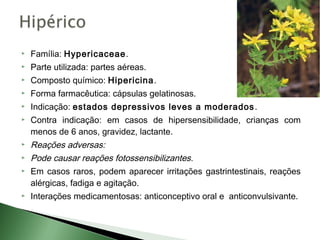   Família: Hypericaceae.
   Parte utilizada: partes aéreas.
   Composto químico: Hipericina.
   Forma farmacêutica: cápsulas gelatinosas.
   Indicação: estados depressivos leves a moderados .
   Contra indicação: em casos de hipersensibilidade, crianças com
    menos de 6 anos, gravidez, lactante.
   Reações adversas:
   Pode causar reações fotossensibilizantes.
   Em casos raros, podem aparecer irritações gastrintestinais, reações
    alérgicas, fadiga e agitação.
   Interações medicamentosas: anticonceptivo oral e anticonvulsivante.
 