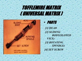 TOFFLEMIRE MATRIX
( UNIVERSAL MATRIX )
• PARTS
[1] HEAD
[2] SLIDING
BODY(SLOTED
VICE)
[3] ROTATING
SPINDLE(
[4] SET SCREW
 