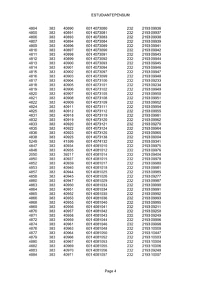 ESTUDIANTEPENSUM


4804   383   40890   601 4073080       232   2193 09936
4805   383   40891   601 4073081       232   2193 09937
4806   383   40893   601 4073083       232   2193 09938
4807   383   40894   601 4073084       232   2193 09939
4809   383   40896   601 4073089       232   2193 09941
4810   383   40897   601 4073090       232   2193 09942
4811   383   40898   601 4073091       232   2193 09943
4812   383   40899   601 4073092       232   2193 09944
4813   383   40900   601 4073093       232   2193 09945
4814   383   40901   601 4073094       232   2193 09946
4815   383   40902   601 4073097       232   2193 09947
4816   383   40903   601 4073099       232   2193 09948
4817   383   40904   601 4073100       232   2193 09233
4818   383   40905   601 4073101       232   2193 09234
4819   383   40906   601 4073102       232   2193 09949
4820   383   40907   601 4073105       232   2193 09950
4821   383   40908   601 4073108       232   2193 09951
4822   383   40909   601 4073109       232   2193 09952
4824   383   40911   601 4073111       232   2193 09954
4825   383   40912   601 4073112       232   2193 09955
4831   383   40918   601 4073119       232   2193 09961
4832   383   40919   601 4073120       232   2193 09962
4833   383   40920   601 4073121       232   2193 09270
4835   383   40922   601 4073124       232   2193 09964
4836   383   40923   601 4073125       232   2193 09965
4838   383   40925   601 4073138       232   2193 09004
5249   383   41599   601 4074132       232   2193 09341
4847   383   40934   601 4081010       232   2193 09975
4848   383   40935   601 4081012       232   2193 09976
2050   383   39217   601 4081014       232   2193 09404
4850   383   40937   601 4081015       232   2193 09978
4852   383   40939   601 4081017       232   2193 09980
4853   383   40940   601 4081018       232   2193 09981
4857   383   40944   601 4081025       232   2193 09985
4858   383   40945   601 4081026       232   2193 09277
4860   383   40947   601 4081029       232   2193 09987
4863   383   40950   601 4081033       232   2193 09990
4864   383   40951   601 4081034       232   2193 09991
4865   383   40952   601 4081035       232   2193 09992
4866   383   40953   601 4081036       232   2193 09993
4868   383   40955   601 4081040       232   2193 09995
4869   383   40956   601 4081041       232   2193 09211
4870   383   40957   601 4081042       232   2193 09250
4871   383   40958   601 4081043       232   2193 09249
4872   383   40959   601 4081044       232   2193 09996
4874   383   40961   601 4081046       232   2193 09998
4876   383   40963   601 4081048       232   2193 10000
4877   383   40964   601 4081050       232   2193 10447
4879   383   40966   601 4081052       232   2193 10003
4880   383   40967   601 4081053       232   2193 10004
4882   383   40969   601 4081055       232   2193 10006
4883   383   40970   601 4081056       232   2193 09248
4884   383   40971   601 4081057       232   2193 10007



                              Page 4
 