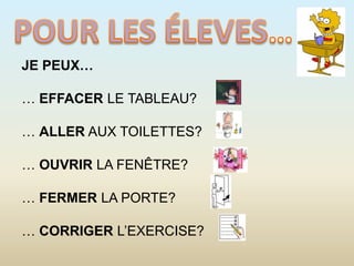 POUR LES ÉLEVES…<br />JE PEUX…<br />… EFFACER LE TABLEAU?<br />… ALLER AUX TOILETTES?<br />… OUVRIR LA FENÊTRE?<br />… FER...