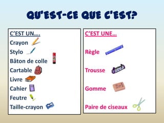 QU’EST-CE QUE C’EST?,[object Object],C’EST UN….,[object Object],Crayon,[object Object],Stylo,[object Object],Bâton de colle,[object Object],Cartable,[object Object],Livre,[object Object],Cahier,[object Object],Feutre,[object Object],Taille-crayon,[object Object],C’EST UNE…,[object Object],Règle,[object Object],Trousse,[object Object],Gomme,[object Object],Paire de ciseaux,[object Object]
