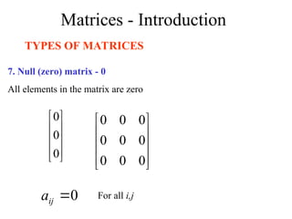 Matrices - Introduction
TYPES OF MATRICES
7. Null (zero) matrix - 0
All elements in the matrix are zero










0
0
0










0
0
0
0
0
0
0
0
0
0

ij
a For all i,j
 