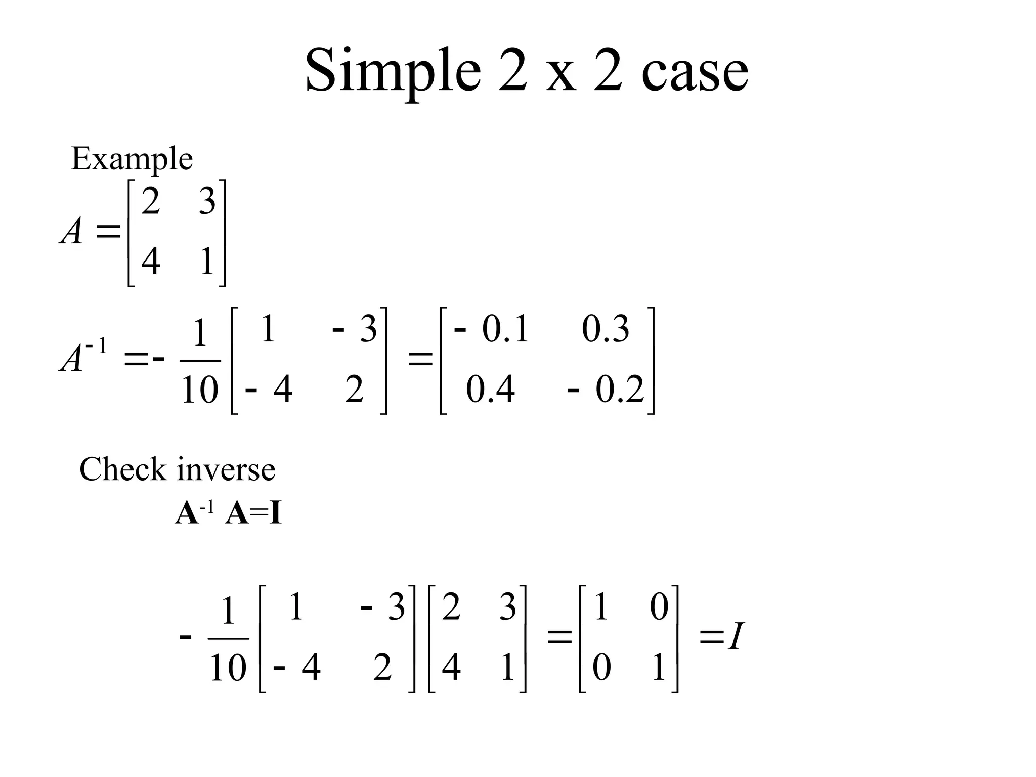 Simple 2 x 2 case
Example



























2
.
0
4
.
0
3
.
0
1
.
0
2
4
3
1
10
1
1
4
3
2
1
A
A
Check inverse
A-1
A=I
I























1
0
0
1
1
4
3
2
2
4
3
1
10
1
 