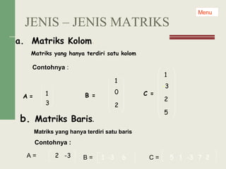 a. Matriks Kolom.
Matriks yang hanya terdiri satu kolom
A = B = C =
Contohnya :
b. Matriks Baris.
Matriks yang hanya terdiri satu baris
Contohnya :
A = B = C =
Menu
1
3
1
0
2
1
-3
2
5
2 -3 1 -3 1 2-3-3 76 5
JENIS – JENIS MATRIKS
 