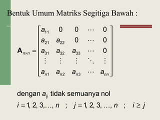 Bentuk Umum Matriks Segitiga Bawah :
jinjni
a
aaaa
aaa
aa
a
ij
nnnnn
nn
≥==
















=×
;,,3,2,1;,,3,2,1
nolsemuanyatidakdengan
0
00
000
321
333231
2221
11






A
 