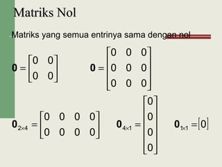 Matriks yang semua entrinya sama dengan nol
Matriks NolMatriks Nol
[ ]0
0
0
0
0
0000
0000
000
000
000
00
00
111442 =












=





=










=





=
××× 000
00
 