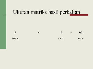 Ukuran matriks hasil perkalian
A x B = AB
m x r r x n m x n
 