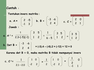 Contoh :
Tentukan invers matriks :
a. A = b. B = c. C =
Jawab :
a. A-1
= = =
b. Det B =
= (-3).4 – (-6).2 = (-12) + 12 = 0
Karena det B = 0, maka matriks B tidak mempunyai invers
c. C-1
= = =
2 -5
-1 3
-3 -6
2 4
2 0
2 1
1
2.3–(-5)(-1) 2
5
1
31
6 - 5
3 5
1 2
3 5
1 2
-3 -6
2 4
1
2.1 – 2.0
1 0
-2 2
1
2
1 0
-2 2
1
2
0
-1 1
 