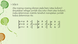 › Sifat 6
Jika masing-masing elemen pada baris (atau kolom)
dinyatakan sebagai jumlah dua suku (baris atau kolom),
maka determinan matriks tersebut merupakan jumlah
kedua determinan itu.
𝑎 + 𝑎 𝑏 𝑐
𝑑 + 𝑏 𝑒 𝑓
𝑔 + 𝑐 ℎ 𝑖
= 𝑘
𝑎 𝑏 𝑐
𝑑 𝑒 𝑓
𝑔 ℎ 𝑖
+
𝑎 𝑏 𝑐
𝑏 𝑒 𝑓
𝑐 ℎ 𝑖
 