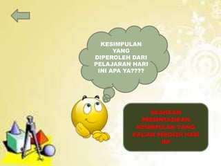 SILAHKAN
PRESENTASIKAN
KESIMPULAN YANG
KALIAN PEROLEH HARI
INI
KESIMPULAN
YANG
DIPEROLEH DARI
PELAJARAN HARI
INI APA YA????
 