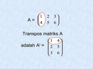 1
A= 
4


2
5

3

6


Transpos matriks A
1

t
adalah A =  2
3


4

5
6


 