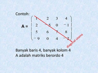 Contoh:
          1     2    3    4

   A=     2      5   0     1
          5     6    7    8
           9    0    4      2


Banyak baris 4, banyak kolom 4
A adalah matriks berordo 4
 