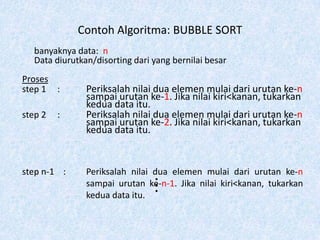 Contoh Algoritma: BUBBLE SORT
   banyaknya data: n
   Data diurutkan/disorting dari yang bernilai besar
Proses
step 1 :        Periksalah nilai dua elemen mulai dari urutan ke-n
                sampai urutan ke-1. Jika nilai kiri<kanan, tukarkan
                kedua data itu.
step 2   :      Periksalah nilai dua elemen mulai dari urutan ke-n
                sampai urutan ke-2. Jika nilai kiri<kanan, tukarkan
                kedua data itu.


step n-1 :      Periksalah nilai dua elemen mulai dari urutan ke-n
                                 …
                sampai urutan ke-n-1. Jika nilai kiri<kanan, tukarkan
                kedua data itu.
 