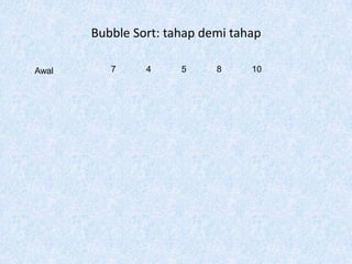 Bubble Sort: tahap demi tahap

Awal      7     4     5     8     10
 