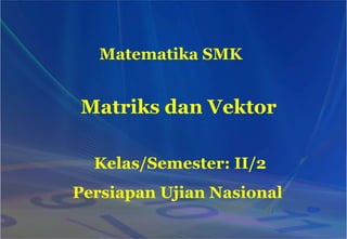 Matematika SMK
Persiapan Ujian Nasional
Kelas/Semester: II/2
Matriks dan Vektor
 