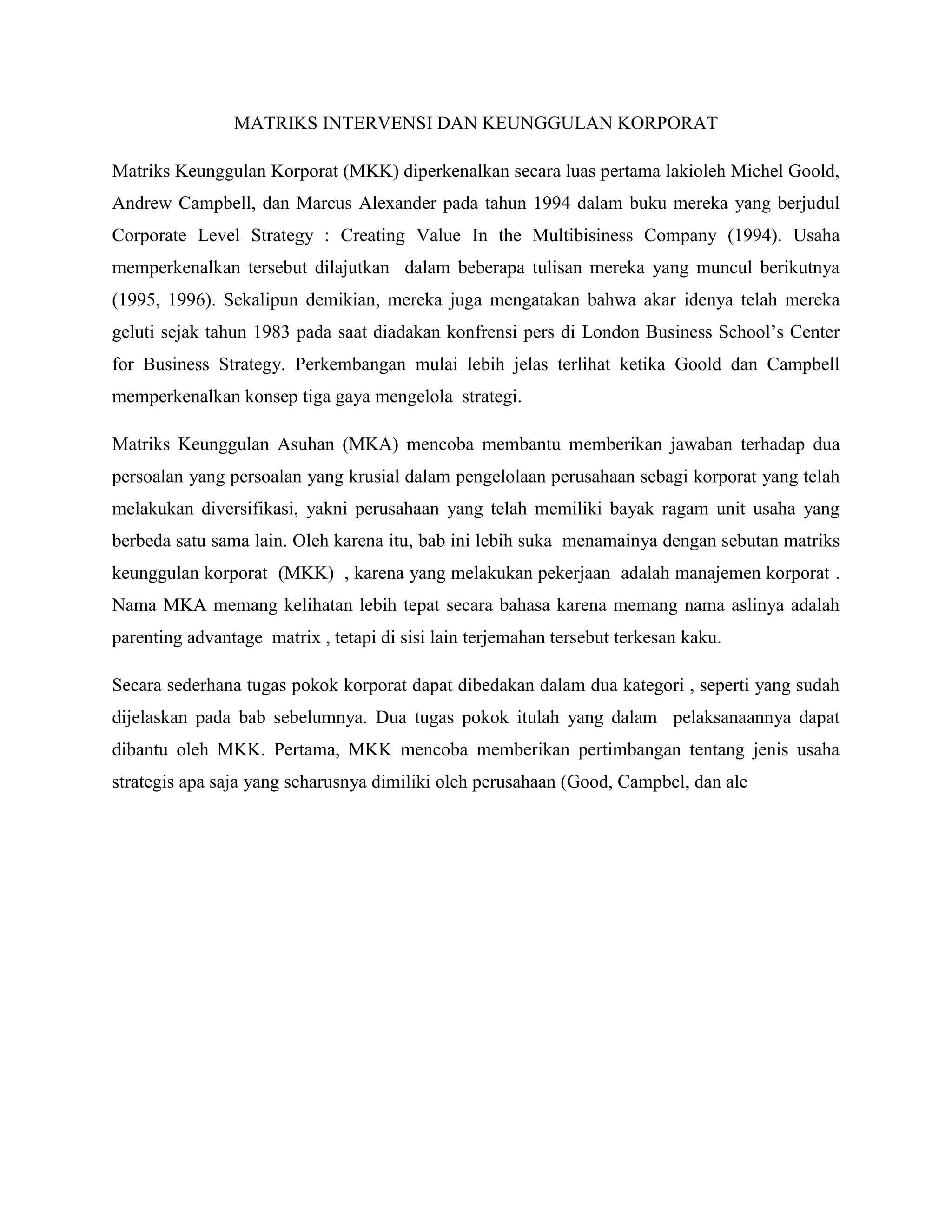 Matriks intervensi dan keunggulan korporat | DOCX