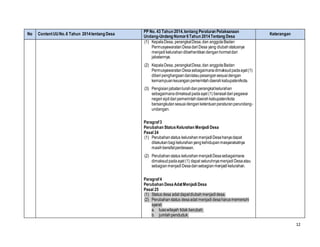 12
No ContentUUNo.6 Tahun 2014tentang Desa
PP No. 43 Tahun 2014,tentang Peraturan Pelaksanaan
Undang-Undang Nomor6Tahun 2014Tentang Desa
Keterangan
(1) KepalaDesa, perangkatDesa,dan anggotaBadan
PermusyawaratanDesadariDesa yang diubahstatusnya
menjadi kelurahandiberhentikandenganhormatdari
jabatannya.
(2) KepalaDesa, perangkatDesa,dan anggotaBadan
PermusyawaratanDesasebagaimanadimaksudpadaayat(1)
diberipenghargaandan/ataupesangonsesuaidengan
kemampuankeuanganpemerintahdaerahkabupaten/kota.
(3) Pengisianjabatanlurahdanperangkatkelurahan
sebagaimanadimaksudpadaayat (1) berasaldaripegawai
negerisipildaripemerintahdaerahkabupaten/kota
bersangkutansesuaidenganketentuanperaturanperundang-
undangan.
Paragraf3
Perubahan StatusKelurahan Menjadi Desa
Pasal 24
(1) Perubahanstatus kelurahanmenjadiDesahanyadapat
dilakukanbagikelurahanyangkehidupanmasyarakatnya
masihbersifatperdesaan.
(2) Perubahanstatus kelurahanmenjadiDesasebagaimana
dimaksudpadaayat (1) dapat seluruhnyamenjadiDesaatau
sebagianmenjadi Desadansebagianmenjadikelurahan.
Paragraf4
Perubahan DesaAdatMenjadi Desa
Pasal 25
(1) Status desa adat dapatdiubahmenjadidesa.
(2) Perubahanstatus desaadat menjadidesaharusmemenuhi
syarat:
a. luaswilayah tidak berubah;
b. jumlahpenduduk:
 