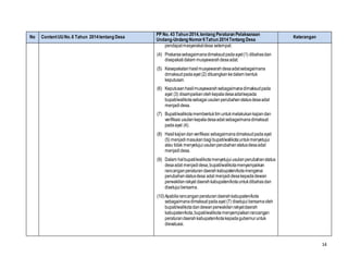 14
No ContentUUNo.6 Tahun 2014tentang Desa
PP No. 43 Tahun 2014,tentang Peraturan Pelaksanaan
Undang-Undang Nomor6Tahun 2014Tentang Desa
Keterangan
pendapatmasyarakatdesa setempat.
(4) Prakarsasebagaimanadimaksudpadaayat(1) dibahasdan
disepakati dalam musyawarahdesaadat.
(5) Kesepakatanhasilmusyawarahdesaadatsebagaimana
dimaksudpadaayat (2) dituangkankedalam bentuk
keputusan.
(6) Keputusanhasilmusyawarahsebagaimanadimaksudpada
ayat (3) disampaikanolehkepaladesaadatkepada
bupati/walikotasebagaiusulanperubahanstatusdesaadat
menjadidesa.
(7) Bupati/walikotamembentuktim untukmelakukankajiandan
verifikasi usulankepaladesaadat sebagaimanadimaksud
padaayat (4).
(8) Hasilkajiandanverifikasi sebagaimanadimaksudpadaayat
(5) menjadimasukanbagi bupati/walikotauntukmenyetujui
atau tidak menyetujuiusulanperubahanstatusdesaadat
menjadidesa.
(9) Dalam halbupati/walikotamenyetujuiusulanperubahanstatus
desaadat menjadidesa,bupati/walikotamenyampaikan
rancanganperaturan daerahkabupaten/kotamengenai
perubahanstatusdesa adat menjadidesakepadadewan
perwakilanrakyat daerahkabupaten/kotauntukdibahasdan
disetujuibersama.
(10)Apabilarancanganperaturandaerahkabupaten/kota
sebagaimanadimaksudpadaayat (7) disetujuibersamaoleh
bupati/walikotadandewanperwakilanrakyatdaerah
kabupaten/kota,bupati/walikotamenyampaikanrancangan
peraturandaerahkabupaten/kotakepadagubernuruntuk
dievaluasi.
 