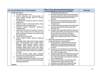 24
No ContentUUNo.6 Tahun 2014tentang Desa
PP No. 43 Tahun 2014,tentang Peraturan Pelaksanaan
Undang-Undang Nomor6Tahun 2014Tentang Desa
Keterangan
KepalaDesa dilarang:
a. merugikan kepentingan umum;
b. membuat keputusan yang menguntungkan diri
sendiri, anggota keluarga, pihak lain, dan/atau
golongan tertentu;
c. menyalahgunakan wewenang, tugas, hak, dan/atau
kewajibannya;
d. melakukan tindakan diskriminatif terhadap warga
dan/atau golongan masyarakat tertentu;
e. melakukan tindakan meresahkan sekelompok
masyarakat Desa;
f. melakukankolusi,korupsi,dannepotisme,menerima
uang, barang, dan/atau jasa dari pihak lain yang
dapat memengaruhi keputusan atau tindakan yang
akan dilakukannya;
g. menjadi pengurus partai politik;
h. menjadi anggota dan/atau pengurus organisasi
terlarang;
i. merangkap jabatan sebagai ketua dan/atau anggota
Badan Permusyawaratan Desa, anggota Dewan
Perwakilan Rakyat Republik Indonesia, Dewan
Perwakilan Daerah Republik Indonesia, Dewan
Perwakilan Rakyat Daerah Provinsi atau Dewan
PerwakilanRakyatDaerahKabupaten/Kota,danjabatan
lain yang ditentukan dalam peraturan perundangan-
undangan;
j. ikut serta dan/atau terlibat dalam kampanye
pemilihanumum dan/atau pemilihan kepala daerah;
k. melanggar sumpah/janji jabatan; dan
l. meninggalkantugasselama 30(tiga puluh) hari kerja
berturut-turut tanpaalasanyang jelasdan tidak dapat
dipertanggungjawabkan.
Pasal 30
terhitungsejak panitiaterbentuk;
3. pemberianpersetujuanbiayapemilihanolehpenjabat
kepalaDesapalinglamadalam jangkawaktu30(tiga
puluh)Hariterhitungsejak diajukanolehpanitia
pemilihan;
4. pengumumandanpendaftaranbakalcalonkepala
Desaoleh panitiapemilihandalamjangkawaktu15
(limabelas)Hari;
5. penelitiankelengkapanpersyaratanadministrasibakal
calonolehpanitiapemilihandalamjangkawaktu7
(tujuh)Hari; dan
6. penetapancalonkepalaDesaantarwaktuolehpanitia
pemilihanpalingsedikit2(dua)orangcalondanpaling
banyak 3 (tiga) orangcalonyang dimintakan
pengesahanmusyawarahDesauntukditetapkan
sebagaicalonyangberhakdipilihdalam musyawarah
Desa.
b. BadanPermusyawaratanDesamenyelenggarakan
musyawarahDesayang meliputikegiatan:
1. penyelenggaraanmusyawarahDesadipimpinoleh
Ketua BadanPermusyawaratanDesayang teknis
pelaksanaanpemilihannyadilakukanolehpanitia
pemilihan;
2. pengesahancalonkepalaDesayangberhak dipilih
olehmusyawarahDesamelaluimusyawarahmufakat
atau melaluipemungutansuara;
3. pelaksanaanpemilihancalonkepalaDesaolehpanitia
pemilihanmelaluimekanismemusyawarahmufakat
atau melaluipemungutansuarayangtelah disepakati
olehmusyawarahDesa;
4. pelaporanhasilpemilihancalonkepalaDesaoleh
panitiapemilihankepadamusyawarahDesa;
5. pengesahancalonterpiliholehmusyawarahDesa;
6. pelaporanhasilpemilihankepalaDesamelalui
 