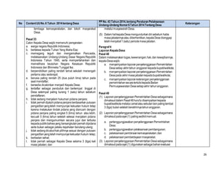 26
No ContentUUNo.6 Tahun 2014tentang Desa
PP No. 43 Tahun 2014,tentang Peraturan Pelaksanaan
Undang-Undang Nomor6Tahun 2014Tentang Desa
Keterangan
lembaga kemasyarakatan, dan tokoh masyarakat
Desa.
Pasal 33
Calon Kepala Desa wajib memenuhi persyaratan:
a. warga negara Republik Indonesia;
b. bertakwa kepada Tuhan Yang Maha Esa;
c. memegang teguh dan mengamalkan Pancasila,
melaksanakan Undang-Undang Dasar Negara Republik
Indonesia Tahun 1945, serta mempertahankan dan
memelihara keutuhan Negara Kesatuan Republik
Indonesia dan Bhinneka Tunggal Ika;
d. berpendidikan paling rendah tamat sekolah menengah
pertama atau sederajat;
e. berusia paling rendah 25 (dua puluh lima) tahun pada
saat mendaftar;
f. bersedia dicalonkan menjadi Kepala Desa;
g. terdaftar sebagai penduduk dan bertempat tinggal di
Desa setempat paling kurang 1 (satu) tahun sebelum
pendaftaran;
h. tidak sedang menjalani hukuman pidana penjara;
i. tidak pernahdijatuhipidanapenjara berdasarkan putusan
pengadilanyangtelah mempunyai kekuatan hukum tetap
karena melakukan tindak pidana yang diancam dengan
pidana penjara paling singkat 5 (lima) tahun atau lebih,
kecuali 5 (lima) tahun setelah selesai menjalani pidana
penjara dan mengumumkan secara jujur dan terbuka
kepadapublikbahwa yang bersangkutanpernahdipidana
serta bukan sebagai pelaku kejahatan berulang-ulang;
j. tidak sedangdicabuthak pilihnya sesuai dengan putusan
pengadilanyang telahmempunyaikekuatanhukum tetap;
k. berbadan sehat;
l. tidak pernah sebagai Kepala Desa selama 3 (tiga) kali
masa jabatan; dan
melaluimusyawarahDesa.
(5) Dalam halkepalaDesamengundurkandirisebelum habis
masajabatannyaatau diberhentikan,kepalaDesa dianggap
telahmenjabat1(satu) periodemasajabatan.
Paragraf4
Laporan KepalaDesa
Pasal 48
Dalam melaksanakantugas,kewenangan,hak,dan kewajibannya,
kepalaDesawajib:
a. menyampaikanlaporanpenyelenggaraanPemerintahan
Desasetiap akhirtahun anggarankepadabupati/walikota;
b. menyampaikanlaporanpenyelenggaraanPemerintahan
Desapada akhirmasajabatankepadabupati/walikota;
c. menyampaikanlaporanketeranganpenyelenggaraan
pemerintahansecaratertuliskepadaBadan
PermusyawaratanDesasetiapakhir tahunanggaran.
Pasal 49
(1) LaporanpenyelenggaraanPemerintahanDesasebagaimana
dimaksuddalam Pasal48hurufa disampaikankepada
bupati/walikotamelaluicamatatausebutan lainpalinglambat
3 (tiga) bulansetelahberakhirnyatahunanggaran.
(2) LaporanpenyelenggaraanPemerintahanDesasebagaimana
dimaksudpadaayat (1) palingsedikitmemuat:
a. pertanggungjawabanpenyelenggaraanPemerintahan
Desa;
b. pertanggungjawabanpelaksanaanpembangunan;
c. pelaksanaanpembinaankemasyarakatan;dan
d. pelaksanaanpemberdayaanmasyarakat.
(3) LaporanpenyelenggaraanPemerintahanDesasebagaimana
dimaksudpadaayat (1) digunakansebagaibahanevaluasi
 