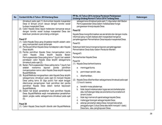 28
No ContentUUNo.6 Tahun 2014tentang Desa
PP No. 43 Tahun 2014,tentang Peraturan Pelaksanaan
Undang-Undang Nomor6Tahun 2014Tentang Desa
Keterangan
dimaksud pada ayat (1) diumumkan kepada masyarakat
Desa di tempat umum sesuai dengan kondisi sosial
budaya masyarakat Desa.
(3) Calon Kepala Desa dapat melakukan kampanye sesuai
dengan kondisi sosial budaya masyarakat Desa dan
ketentuan peraturan perundang-undangan.
Pasal 37
(1) CalonKepala Desa yang dinyatakan terpilih adalah calon
yang memperoleh suara terbanyak.
(2) PanitiapemilihanKepalaDesamenetapkancalon Kepala
Desa terpilih.
(3) Panitia pemilihan Kepala Desa menyampaikan nama
calon Kepala Desa terpilih kepada Badan
PermusyawaratanDesapalinglama 7 (tujuh) hari setelah
penetapan calon Kepala Desa terpilih sebagaimana
dimaksud pada ayat (2).
(4) Badan Permusyawaratan Desa paling lama 7 (tujuh) hari
setelah menerima laporan panitia pemilihan
menyampaikannama calon Kepala Desa terpilih kepada
Bupati/Walikota.
(5) Bupati/WalikotamengesahkancalonKepalaDesa terpilih
sebagaimana dimaksud pada ayat (3) menjadi Kepala
Desa paling lama 30 (tiga puluh) hari sejak tanggal
diterimanya penyampaian hasil pemilihan dari panitia
pemilihan Kepala Desa dalam bentuk keputusan
Bupati/Walikota.
(6) Dalam hal terjadi perselisihan hasil pemilihan Kepala
Desa, Bupati/Walikota wajib menyelesaikan perselisihan
dalam jangka waktu sebagaimana dimaksud pada ayat
(5).
Pasal 38
(1) Calon Kepala Desa terpilih dilantik oleh Bupati/Walikota
sebagaimanadimaksudpadaayat (1) digunakanolehBadan
PermusyawaratanDesadalam melaksanakanfungsi
pengawasankinerjakepalaDesa.
Pasal 52
KepalaDesamenginformasikansecaratertulisdandenganmedia
informasiyang mudahdiaksesolehmasyarakatmengenai
penyelenggaraanPemerintahanDesakepadamasyarakatDesa.
Pasal53
Ketentuanlebihlanjutmengenailaporanpenyelenggaraan
PemerintahanDesadiaturdalam PeraturanMenteri.
Paragraf5
PemberhentianKepalaDesa
Pasal54
(1) KepalaDesaberhentikarena:
a. meninggaldunia;
b. permintaansendiri;atau
c. diberhentikan.
(2) KepalaDesadiberhentikansebagaimanadimaksudpadaayat
(1) huruf c karena:
a. berakhirmasajabatannya;
b. tidak dapatmelaksanakantugassecaraberkelanjutan
atau berhalangantetapsecaraberturut-turutselama6
(enam)bulan;
c. tidak lagimemenuhisyaratsebagaikepalaDesa;
d. melanggarlarangansebagaikepalaDesa;
e. adanya perubahanstatusDesa menjadikelurahan,
penggabungan2(dua)Desaataulebihmenjadi1(satu)
Desabaru, atau penghapusanDesa;
 