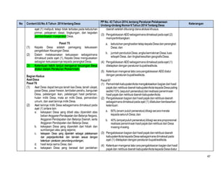 47
No ContentUUNo.6 Tahun 2014tentang Desa
PP No. 43 Tahun 2014,tentang Peraturan Pelaksanaan
Undang-Undang Nomor6Tahun 2014Tentang Desa
Keterangan
ayat (1) meliputi, tetapi tidak terbatas pada kebutuhan
primer, pelayanan dasar, lingkungan, dan kegiatan
pemberdayaan masyarakat Desa.
Pasal 75
(1) Kepala Desa adalah pemegang kekuasaan
pengelolaan Keuangan Desa.
(2) Dalam melaksanakan kekuasaan sebagaimana
dimaksud pada ayat (1), Kepala Desa menguasakan
sebagian kekuasaannya kepada perangkat Desa.
(3) Ketentuan lebih lanjut mengenai keuangan Desa
diatur dalam Peraturan Pemerintah.
Bagian Kedua
AsetDesa
Pasal 76
(1) Aset Desa dapat berupa tanah kas Desa, tanah ulayat,
pasarDesa, pasar hewan,tambatanperahu,bangunan
Desa, pelelangan ikan, pelelangan hasil pertanian,
hutan milik Desa, mata air milik Desa, pemandian
umum, dan aset lainnya milik Desa.
(2) Aset lainnya milik Desa sebagaimana dimaksud pada
ayat (1) antara lain:
a. kekayaan Desa yang dibeli atau diperoleh atas
bebanAnggaranPendapatandanBelanja Negara,
AnggaranPendapatan dan Belanja Daerah, serta
Anggaran Pendapatan dan Belanja Desa;
b. kekayaan Desa yang diperoleh dari hibah dan
sumbangan atau yang sejenis;
c. kekayaan Desa yang diperoleh sebagai pelaksanaan
dari perjanjian/kontrak dan lain-lain sesuai dengan
ketentuan peraturan perundang-undangan;
d. hasil kerja sama Desa; dan
e. kekayaan Desa yang berasal dari perolehan
daerahsetelahdikurangidanaalokasikhusus.
(3) PengalokasianADDsebagaimanadimaksudpadaayat (2)
mempertimbangkan:
a. kebutuhanpenghasilantetapkepalaDesadanperangkat
Desa; dan
b. jumlahpendudukDesa,angkakemiskinanDesa,luas
wilayahDesa, dan tingkatkesulitangeografisDesa.
(4) PengalokasianADDsebagaimanadimaksudpadaayat (1)
ditetapkandenganperaturanbupati/walikota.
(5) KetentuanmengenaitatacarapengalokasianADDdiatur
denganperaturanbupati/walikota.
Pasal97
(1) Pemerintahkabupaten/kotamengalokasikanbagiandarihasil
pajakdan retribusidaerahkabupaten/kotakepadaDesapaling
sedikit10% (sepuluhperseratus)darirealisasipenerimaan
hasilpajakdan retribusidaerahkabupaten/kota.
(2) Pengalokasianbagiandarihasilpajakdanretribusidaerah
sebagaimanadimaksudpadaayat (1) dilakukanberdasarkan
ketentuan:
a. 60%(enam puluhperseratus)dibagisecaramerata
kepadaseluruhDesa;dan
b. 40%(empatpuluhperseratus)dibagisecaraproporsional
realisasipenerimaanhasilpajakdanretribusidariDesa
masing-masing.
(3) Pengalokasianbagiandarihasilpajakdanretribusidaerah
kabupaten/kotakepadaDesasebagaimanadimaksudpada
ayat (1) ditetapkandenganperaturanbupati/walikota.
(4) Ketentuanmengenaitatacarapengalokasianbagiandarihasil
pajakdan retribusidaerahkabupaten/kotakepadaDesadiatur
 