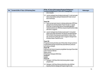 51
No ContentUUNo.6 Tahun 2014tentang Desa
PP No. 43 Tahun 2014,tentang Peraturan Pelaksanaan
Undang-Undang Nomor6Tahun 2014Tentang Desa
Keterangan
tahunberjalan.
(3) Laporansebagaimanadimaksudpadaayat(1) untuk semester
keduadisampaikanpalinglambatpadaakhirbulanJanuari
tahunberikutnya.
Pasal 104
(1) SelainpenyampaianlaporanrealisasipelaksanaanAPBDesa
sebagaimanadimaksuddalam Pasal103ayat (1), kepala
Desajuga menyampaikanlaporanpertanggungjawaban
realisasipelaksanaanAPBDesa kepadabupati/walikotasetiap
akhirtahun anggaran.
(2) Laporansebagaimanadimaksudpadaayat(1) merupakan
bagianyang tidak terpisahkandarilaporanpenyelenggaraan
PemerintahanDesakepadabupati/walikotamelaluicamat
atau sebutanlainsetiapakhir tahunanggaransebagaimana
dimaksuddalam Pasal48hurufa.
Pasal 105
Pengadaanbarangdan/ataujasadiDesadiatur denganperaturan
bupati/walikotadenganberpedomanpadaketentuanperaturan
perundang-undangan.
Pasal 106
KetentuanlebihlanjutmengenaipengelolaankeuanganDesadiatur
dalam PeraturanMenteri.
BagianKedua
PengelolaanKekayaanMilikDesa
Paragraf1
Umum
Pasal 107
(1) Kekayaan milikDesadiberikodebarangdalam rangka
pengamanan.
(2) Kekayaan milikDesadilarangdiserahkanataudialihkan
kepadapihaklainsebagaipembayarantagihanatas
 