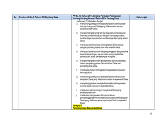 62
No ContentUUNo.6 Tahun 2014tentang Desa
PP No. 43 Tahun 2014,tentang Peraturan Pelaksanaan
Undang-Undang Nomor6Tahun 2014Tentang Desa
Keterangan
padaayat (1) dilakukandengan:
a. mendorongpartisipasi masyarakatdalam perencanaan
danpembangunanDesayangdilaksanakansecara
swakelolaolehDesa;
b. mengembangkanprogramdankegiatanpembangunan
Desasecaraberkelanjutandenganmendayagunakan
sumberdaya manusiadansumberdayaalam yang adadi
Desa;
c. menyusunperencanaanpembangunanDesasesuai
denganprioritas,potensi,dan nilaikearifanlokal;
d. menyusunperencanaandanpenganggaranyangberpihak
kepadakepentinganwargamiskin,wargadisabilitas,
perempuan,anak,dankelompokmarginal;
e. mengembangkansistem transparansidanakuntabilitas
dalam penyelenggaraanPemerintahanDesadan
pembangunanDesa;
f. mendayagunakanlembagakemasyarakatanDesadan
lembagaadat;
g. mendorongpartisipasi masyarakatdalam penyusunan
kebijakanDesayang dilakukanmelalui musyawarahDesa;
h. menyelenggarakanpeningkatankualitasdankapasitas
sumberdaya manusiamasyarakatDesa;
i. melakukanpendampinganmasyarakatDesayang
berkelanjutan;dan
j. melakukanpengawasandanpemantauan
penyelenggaraanPemerintahanDesadanpembangunan
Desayang dilakukansecarapartisipatifolehmasyarakat
Desa.
Paragraf2
Pendampingan MasyarakatDesa
 