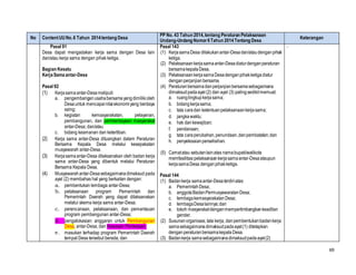 69
No ContentUUNo.6 Tahun 2014tentang Desa
PP No. 43 Tahun 2014,tentang Peraturan Pelaksanaan
Undang-Undang Nomor6Tahun 2014Tentang Desa
Keterangan
Pasal 91
Desa dapat mengadakan kerja sama dengan Desa lain
dan/atau kerja sama dengan pihak ketiga.
Bagian Kesatu
KerjaSama antar-Desa
Pasal 92
(1) Kerjasamaantar-Desameliputi:
a. pengembangan usahabersamayangdimilikioleh
Desauntuk mencapai nilaiekonomiyang berdaya
saing;
b. kegiatan kemasyarakatan, pelayanan,
pembangunan, dan pemberdayaan masyarakat
antar-Desa; dan/atau
c. bidang keamanan dan ketertiban.
(2) Kerja sama antar-Desa dituangkan dalam Peraturan
Bersama Kepala Desa melalui kesepakatan
musyawarah antar-Desa.
(3) Kerjasamaantar-Desa dilaksanakan oleh badan kerja
sama antar-Desa yang dibentuk melalui Peraturan
Bersama Kepala Desa.
(4) Musyawarahantar-Desasebagaimanadimaksud pada
ayat (2) membahas hal yang berkaitan dengan:
a. pembentukan lembaga antar-Desa;
b. pelaksanaan program Pemerintah dan
Pemerintah Daerah yang dapat dilaksanakan
melalui skema kerja sama antar-Desa;
c. perencanaan, pelaksanaan, dan pemantauan
program pembangunan antar-Desa;
d. pengalokasian anggaran untuk Pembangunan
Desa, antar-Desa, dan Kawasan Perdesaan;
e. masukan terhadap program Pemerintah Daerah
tempat Desa tersebut berada; dan
Pasal 143
(1) KerjasamaDesa dilakukanantar-Desadan/ataudenganpihak
ketiga.
(2) Pelaksanaankerjasamaantar-Desadiaturdenganperaturan
bersamakepalaDesa.
(3) PelaksanaankerjasamaDesadenganpihakketigadiatur
denganperjanjianbersama.
(4) Peraturanbersamadanperjanjianbersamasebagaimana
dimaksudpadaayat (2) dan ayat (3) palingsedikitmemuat:
a. ruanglingkupkerjasama;
b. bidangkerjasama;
c. tata caradan ketentuanpelaksanaankerjasama;
d. jangkawaktu;
e. hak dankewajiban;
f. pendanaan;
g. tata caraperubahan,penundaan,danpembatalan;dan
h. penyelesaianperselisihan.
(5) Camatatau sebutanlainatas namabupati/walikota
memfasilitasipelaksanaankerjasamaantar-Desaataupun
kerjasamaDesa denganpihakketiga.
Pasal 144
(1) Badankerja samaantar-Desaterdiriatas:
a. PemerintahDesa;
b. anggotaBadanPermusyawaratanDesa;
c. lembagakemasyarakatanDesa;
d. lembagaDesalainnya;dan
e. tokoh masyarakatdenganmempertimbangkankeadilan
gender.
(2) Susunanorganisasi,tata kerja, danpembentukanbadankerja
samasebagaimanadimaksudpadaayat(1) ditetapkan
denganperaturanbersamakepala Desa.
(3) Badankerja samasebagaimanadimaksudpadaayat(2)
‐
 