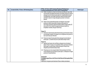 8
No ContentUUNo.6 Tahun 2014tentang Desa
PP No. 43 Tahun 2014,tentang Peraturan Pelaksanaan
Undang-Undang Nomor6Tahun 2014Tentang Desa
Keterangan
(5) Dalam halgubernurtidakmemberikanpersetujuanatautidak
memberikanpenolakanterhadaprancanganperaturandaerah
sebagaimanadimaksudpadaayat (2), bupati/walikotadapat
mengesahkanrancanganperaturandaerahtersebutserta
sekretaris daerahmengundangkannyadalam lembaran
daerah.
(6) Dalam halbupati/walikotatidakmenetapkanrancangan
peraturandaerahyang telah disetujuiolehgubernur,
rancanganperaturandaerahtersebutdalam jangkawaktu20
(duapuluh)Hari setelahtanggalpersetujuangubernur
dinyatakan berlakudengansendirinya.
Pasal 15
(1) Peraturandaerahkabupaten/kotatentangpembentukanDesa
diundangkansetelahmendapatnomorregistrasidarigubernur
dankode Desadari Menteri.
(2) Peraturandaerahkabupaten/kotasebagaimanadimaksud
padaayat (1) disertailampiranpetabataswilayah Desa.
Pasal 16
(1) Apabilahasil kajiandanverifikasi sebagaimanadimaksud
dalam Pasal13ayat (4) menyatakanDesa persiapantersebut
tidak layak menjadiDesa,Desapersiapandihapusdan
wilayahnya kembalikeDesainduk.
(2) PenghapusandanpengembalianDesapersiapankeDesa
induksebagaimanadimaksudpadaayat(1) ditetapkandengan
peraturanbupati/walikota.
Paragraf4
PenggabunganDesaolehPemerintahDaerahKabupaten/Kota
Pasal 17
KetentuanmengenaipembentukanDesamelalui pemekaran
 