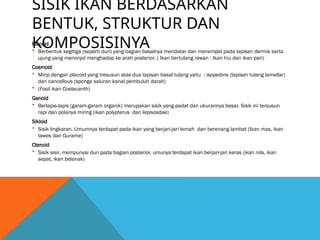SISIK IKAN BERDASARKAN
BENTUK, STRUKTUR DAN
KOMPOSISINYA
Placoid
 Berbentuk segitiga (seperti duri) yang bagian basalnya mendatar dan menempel pada lapisan dermis serta
ujung yang menonjol menghadap ke arah posterior. ( Ikan bertulang rawan : Ikan hiu dan ikan pari)
Cosmoid
 Mirip dengan placoid yang tresusun atas dua lapisan basal tulang yaitu : isopedine (lapisan tulang lamellar)
dan cancellous (sponge saluran kanal pembuluh darah)
 (Fosil ikan Coelacanth)
Ganoid
 Berlapis-lapis (garam-garam organik) merupakan sisik yang padat dan ukurannya besar. Sisik ini tersusun
rapi dan polanya miring (ikan polypterus dan lepisosdae)
Sikloid
 Sisik lingkaran. Umumnya terdapat pada ikan yang berjari-jari lemah dan berenang lambat (Ikan mas, ikan
tawes dan Gurame)
Ctenoid
 Sisik sisir, mempunyai duri pada bagian posterior, umunya terdapat ikan berjari-jari keras (ikan nila, ikan
sepat, ikan belanak)
 