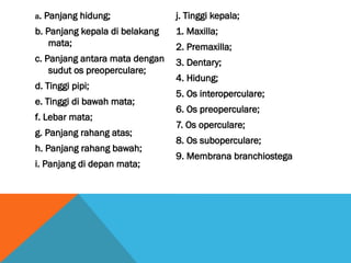 a. Panjang hidung;
b. Panjang kepala di belakang
mata;
c. Panjang antara mata dengan
sudut os preoperculare;
d. Tinggi pipi;
e. Tinggi di bawah mata;
f. Lebar mata;
g. Panjang rahang atas;
h. Panjang rahang bawah;
i. Panjang di depan mata;
j. Tinggi kepala;
1. Maxilla;
2. Premaxilla;
3. Dentary;
4. Hidung;
5. Os interoperculare;
6. Os preoperculare;
7. Os operculare;
8. Os suboperculare;
9. Membrana branchiostega
 