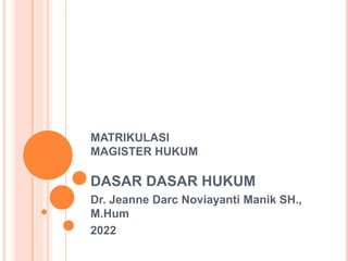 MATRIKULASI
MAGISTER HUKUM
DASAR DASAR HUKUM
Dr. Jeanne Darc Noviayanti Manik SH.,
M.Hum
2022
 