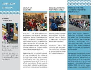 Hizkuntza eta komunikaziorako
konpetentzia lantzerakoan Irakurketa
ulermenari garrantzi handia ematen
diogu. Era berean ikastetxean dugun
beste helburu aipagarri bat ikasleengan
irakurzaletasuna bultzatzea da.
Liburutegiaren erabilera testuinguru
horretan kokatzen da. Liburuen mailegu
zerbitzuak arrakasta handia du.
La comprensión lectora es un aspecto
al que otorgamos una especial
importancia al trabajar la competencia
lingüística del alumnado. Igualmente
nos parece fundamental fomentar la
afición por la lectura. En ese contexto
se inscribe la utilización de la biblioteca
con su servicio de préstamo de libros.
BIDELAGUN PROIEKTUA
PROYECTO BIDELAGUN
GARRAIOA
TRANSPORTE
Aniztasunaren trataerari
aurre egiteko programa.
Eskola orduz kanpo
ikasketetan laguntza
eskaintzeko plangintza.
Programa para dar
respuesta a la diversidad.
Plan que ofrece ayuda en
el proceso de aprendizaje
en horas extraescolares.
Doako garraio zerbitzua,
distantzia baldintzak
betetzen badira.
Servicio de trasporte
e s c o l a r g r a t u i t o ,
cumpliendo los requisitos
de distancia.
ZERBITZUAK
SERVICIOS
ABALLARRI Guraso Elkarteak,
familia eta lan-egoera uztartzen
laguntzeko, Aste Santuko oporretan
zaintza zerbitzua eta aisialdirako
jarduerak antolatzen ditu,
09:00etatik 13:00etara. Zerbitzu
hau hiru urtetik gorako ikasleentzat
da eta egunero edo egun solteetan
erabil daiteke.
La Asociación de Padres y madres
ABALLARRI, con la finalidad de
ayudar a conciliar la vida familiar y
laboral, organiza en las vacaciones
de Semana Santa un servicio de
guardería y actividades lúdicas de
09:00 a 13:00. Este servicio puede
utilizarse a diario o en días sueltos.
OPORRALDIKO ZAINTZA
LUDOTECA EN VACACIONES
DE SEMANA SANTA
LIBURUTEGIA
BIBLIOTECA
 