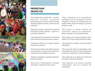 *Komunikaziorako konpetentziak lantzeko:
Hizkuntza Proiektua, Euskararen
Normalizaziorako Proiektua (HNP), Proiektu
Eleanitza (ingelesa lantzeko), antzerki eta irrati
proiektuak.
*Baloreetan hezteko: Elkarbizitza Proiektua,
Hezkidetza Proiektua, Bizikasi, Agenda 21
eta Eskola Jasangarria.
*Teknologia berriak sustatzeko: IKT Ikastetxe
Eredua eta Sare Hezkuntza Gelan proiektua.
*Etengabeko hobekuntza ziurtatzeko: Kalitatea
Hezkuntzan proiektua.
*Aniztasunaren trataerari eta ikasleen beharrei
hobe erantzuteko: Aniztasun plana, Ikaskuntza
Kooperatiboa eta Bidelagun proiektua.
*Ikasleen konpetentzia zientifikoa garatzeko:
Robotika proiektua.
*Berrikuntza metodologikoei etengabe
erantzuteko: irakasleen formazio plana.
*Para el desarrollo de las competencias
lingüísticas y de la comunicación: Proyecto
Lingüístico, Proyecto de Normalización del
Euskara (HNP), Proyecto Plurilingüe, proyectos
de teatro y radio.
*Para educar en valores: Proyecto de
Convivencia, Proyecto de Coeducación,
Bizikasi, Agenda 21 y Escuela Sostenible.
*Para impulsar las nuevas tecnologías: Centro
Modelo TIC y Proyecto Sare Hezkuntza Gelan.
*Para gestionar la calidad: Proyecto Kalitatea
Hezkuntzan.
*Para responder mejor a la diversidad y a las
necesidades del alumnado: Plan de Diversidad,
enseñanza cooperativa y proyecto Bidelagun.
*Para desarrollar la competencia científica del
alumnado: Proyecto de Robótica.
*Para responder a la continua innovación
metodológica: plan de formación del
profesorado.
PROIEKTUAK
PROYECTOS
 