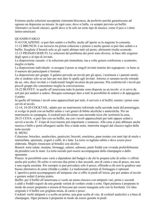 Esistono anche soluzioni accoppiate ristorante/discoteca, da preferire perché garantiscono ad
ognuno un dopocena su misura. In ogni caso, dove si balla, va sempre previsto un buffet.
Alternativi ai locali classici, quelli dove si fa solo un certo tipo di musica: come il jazz o i ritmi
latino-americani

QUANDO FARLO
9-10 COLAZIONE: si può fare seduti o a buffet, anche all’aperto se la stagione lo consente.
11-12 BRUNCH: è un incrocio tra prima colazione e pranzo e anche questo si può fare seduti o a
buffet. Scegliete il brunch solo se gli ospiti abitano tutti sul posto, altrimenti risulta scomodo.
12-13 PRANZO SEDUTI: Le soluzioni del problema dei posti sono diverse, in base alle esigenze
degli sposi e al tipo di invitati.
La disposizione casuale: è la soluzione più immediata, ma a volte genera confusione e scontento;
meglio evitarla.
La disposizione individuale: si assegna il posto ai singoli invitati tramite dei segnaposti; va bene se
il numero dei partecipanti è limitato.
La disposizione per gruppi: il galateo prevede un tavolo per gli sposi, i testimoni e i parenti stretti,
che si siedono solo su un lato per non dare le spalle agli invitati. Attorno ci saranno tavole rotonde
da sei, otto, dieci invitati o i tradizionali lunghi tavoloni da più persone. Più confortevoli i tavoli per
piccoli gruppi che consentono meglio la conversazione.
18-22 BUFFET: in quello all’americana tutte le portate sono disposte su un tavolo: ci si serve da
soli per poi andarsi a sedere. Bisogna comunque dare a tutti la possibilità di sedersi e di appoggiare
il piatto.
In quello all’italiana i tavoli sono apparecchiati per tutti, il servizio è al buffet, mentre i primi sono
serviti al tavolo.
12-14, 18-20 COCKTAIL: adatto per un matrimonio informale nella seconda metà del pomeriggio,
si svolge in piedi con un buffet salato e vari generi di bibite alcoliche e analcoliche. Per un
matrimonio in campagna, il cocktail può diventare una merenda ricca che sostituirà la cena.
20-21 CENA: si può fare con un buffet, ma con i tavoli apparecchiati per tutti oppure seduti e
serviti a tavola. E’ il tipo di ricevimento più importante e sontuoso. Alla cena si può abbinare anche
musica e ballo e potrà allungarsi anche fino a tarda notte, interrotta magari dal classico taglio della
torta nuziale
IL MENU
Colazione: brioches, sandwiches, pasticcini, biscotti, omelettes, pane tostato con tanti tipi di miele e
marmellata, spremute, yogurt e caffè, tè e latte. La torta va tagliata subito e deve essere poco
elaborata. Meglio rinunciare al brindisi con alcolici
Brunch: torte salate, insalate, formaggi, salumi, salmone, piatti freddi con vivande preferibilmente
da prendere con le mani. La torta nuziale può essere accompagnata dallo champagne o dallo
spumante.
Pranzo: le possibilità sono varie e dipendono dal budget e da chi lo prepara (che di solito vi offrirà
anche più scelte). Di solito si servono due primi e due secondi, uno di carne e uno di pesce, ma non
è una regola assoluta. Per esempio si può prevedere solo il pesce, offrendo a chi non lo gradisce una
buona alternativa di carne (fredda o calda). La tradizionale portata di formaggio è optional.
L’aperitivo potrà accompagnarsi all’antipasto che si offre in piedi all’inizio, per poi andare al tavolo
e gustare seduti il primo piatto.
Buffet: per il buffet all’americana ci vuole un menu classico con antipasti vari, primi e secondi
( caldi e freddi) seguiti da una grande varietà di verdure crude e cotte. Ogni pietanza è preparata in
modo da essere preparata a misura di boccone per essere mangiata solo con la forchetta. Un’idea
originale è il buffet con grigliata mista, di carne e pesce .
Cocktail: molti antipasti e a scelta un primo, una gran scelta di vini, di cocktail analcolici e a base di
champagne. Ogni pietanza è preparata in modo da essere gustata in piedi.
 