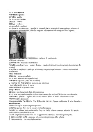 'nzuratu : sposato
maritata : sposata
schetta: nubile
de 'nzurare : celibe
cattiva : vedova
cattivu : vedovo
usi, abitudini, espedienti
accippare, azzuccare, cippijare, zzucchjiare : strategia di sondaggio per misurare il
consenso dei genitori di lei, consiste nel porre un ceppo davanti alla porta della ragazza.




                       a'mbasciata : richiesta di matrimonio
affidarsi: fidanzare
cumminare : mediare il matrimonio
fujiuta : prendere il volo ; scapare da casa ; espediente di matrimonio nei casi di contrarietà dei
genitori
scapillare : togliere il copricapo ad una ragazza per comprometterla e rendere necessario il
matrimonio
rito e tradizioni
zitaggiu : nozze, sposalizio
'nzurare : sposarsi (detto per l'uomo)
maritare : sposarsi (detto per la donna)
u juarnu chi me jurai : il giorno in cui mi sposai
i cumplimenti : i doni di nozze
vanniaziùani : le pubblicazioni
pregi e difetti
spicata : che ha superato l'età del matrimonio
scurruta : ragazza in qualche modo compromessa, che molto difficilmente troverà marito.
'nu buanu partitu : ragazza ben dotata, uomo o donna di buona condizione sociale.
hfimminieri : donnaiolo
cciau cacciatu' 'u dittèriu (nu dittu, ma nova) : l'hanno malfamata, di lei si dice che ...
abbigliamento
brillokko : spilla d'oro con pietre preziose
janchiju: parure d'oro che la suocera porta alla ragazza
cunciertu: goliera, orecchini e anello. l'oro era giallo, a bassa caratura, nei primi del secolo ;
bianco nei decenni di metà secolo.
lazzu: lunghissima catena d'oro che si appunatava ai brilokki o all'orologio da petto.
Il panno color caffè : era usato nel costume tradizionale dalla schetta.
Il panno rosso : era usato dalla maritata.
 