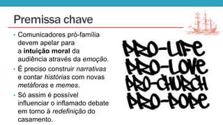 Premissa chave
• Comunicadores pró-família

devem apelar para
a intuição moral da
audiência através da emoção.
• É preciso construir narrativas
e contar histórias com novas
metáforas e memes.
• Só assim é possível
influenciar o inflamado debate
em torno à redefinição do
casamento.

 