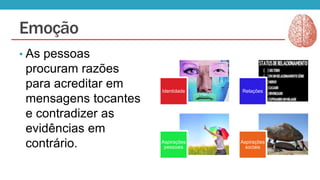 Emoção
• As pessoas

procuram razões
para acreditar em
mensagens tocantes
e contradizer as
evidências em
contrário.

Identidade

Relações

Aspirações
pessoais

Aspirações
sociais

 