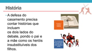 História
• A defesa do

casamento precisa
contar histórias que
incluam
os dois lados do
debate, pondo o pai e
a mãe como os heróis
insubstituíveis dos
filhos.

Contar a
própria
história

Os problemas
só se resolvem
quando pai e
mãe trabalham
juntos

 