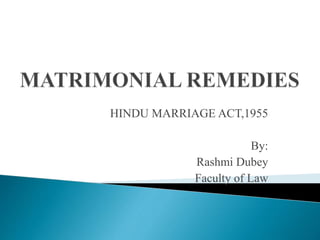 HINDU MARRIAGE ACT,1955
By:
Rashmi Dubey
Faculty of Law
 