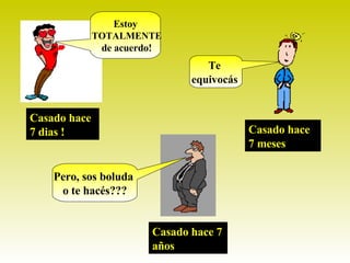 Casado hace 7 dias ! Estoy  TOTALMENTE  de acuerdo! Casado hace 7 meses Te  equivocás   Casado hace 7 años Pero, sos boluda  o te hacés??? 