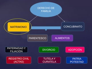 DERECHO DE
FAMILIA
MATRIMONIO CONCUBINATO
PARENTESCO ALIMENTOS
PATERNIDAD Y
FILIACIÓN
DIVORCIO ADOPCIÓN
PATRIA
POTESTAD
TUTELA Y
CURATELA
REGISTRO CIVIL
(ACTAS)
 