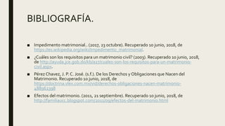 BIBLIOGRAFÍA.
■ Impedimento matrimonial.. (2017, 23 octubre). Recuperado 10 junio, 2018, de
https://es.wikipedia.org/wiki/Impedimento_matrimonial.
■ ¿Cuáles son los requisitos para un matrimonio civil? (2003). Recuperado 10 junio, 2018,
de http://ayuda.jce.gob.do/kb/a27/cuales-son-los-requisitos-para-un-matrimonio-
civil.aspx.
■ Pérez Chavez, J. P. C. José. (s.f.). De los Derechos y Obligaciones que Nacen del
Matrimonio. Recuperado 10 junio, 2018, de
https://doctrina.vlex.com.mx/vid/derechos-obligaciones-nacen-matrimonio-
488962398
■ Efectos del matrimonio. (2011, 21 septiembre). Recuperado 10 junio, 2018, de
http://familiaucc.blogspot.com/2011/09/efectos-del-matrimonio.html
 