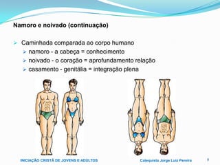 Namoro e noivado (continuação)
 Caminhada comparada ao corpo humano
 namoro - a cabeça = conhecimento
 noivado - o coração = aprofundamento relação
 casamento - genitália = integração plena

INICIAÇÃO CRISTÃ DE JOVENS E ADULTOS

Catequista Jorge Luiz Pereira

8

 