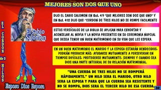 "UNA CUERDA DE TRES HILOS NO SE ROMPERÁ
RÁPIDAMENTE." UN HILO SERA EL MARIDO, OTRO HILO
SERA LA ESPOSA Y PARA QUE LA CUERDA SEA RESISTENTE Y
NO SE ROMPA, DIOS SERA EL TERCER HILO DE ESA CUERDA.
DIJO EL SABIO SALOMON EN Ecl. 4:9 “QUE MEJORES SON DOS QUE UNO” Y
EN Ecl. 4:12 DIJO QUE: “CORDON DE TRES HILOS NO SE ROMPE FACILMENTE
ESTOS VERSÍCULOS DE LA BIBLIA SE APLICAN PARA EXHORTAR Y
ACONSEJAR AL NOVIA Y LA NOVIA PRESENTES EN SU CEREMONIA NUPCIAL
QUE DESEA TENER UN BUEN MATRIMONIO EN SU VIDA QUE LES ESPERA.
EN UN BUEN MATRIMONIO EL MARIDO Y LA ESPOSA ESTARÁN BENDECIDOS,
PODRÁN PRODUCIR MÁS, AYUDARSE MUTUAMENTE A PERSEVERAR EN
TIEMPOS DIFÍCILES, PROTEGERSE MUTUAMENTE, SIEMPRE Y CUANDO SEA
DIOS UNA PARTE INTEGRAL DE SU RELACIÓN MATRIMONIAL.
32
 