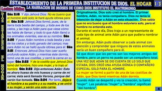 Originalmente, Dios solo creó al hombre. El primer
hombre, Adán, no tenía compañera. Dios no tenía la
intención de dejar a Adán en esta situación. Dios sabía
que no era bueno que el hombre estuviera solo, pero el
hombre no entendía esto.
Durante el sexto día, Dios trajo a un representante de
cada tipo de animal ante Adán para que pudiera nombrar
al animal.
Sin embargo, Adán pudo observar a cada animal con
atención y comprender que ninguno de estos animales
sería un buen compañero para él.
Sé que dicen que los perros son los mejores amigos del
hombre, pero un perro no puede ser un compañero total.
UNA VEZ QUE ADÁN SE DIO CUENTA DE LO SOLO QUE
ESTABA, DIOS CREÓ UNA AYUDA IDÓNEA O COMPAÑERO
ESPECIAL SOLO PARA EL HOMBRE.
La mujer se formó a partir de una de las costillas de
Adán, que Dios tomó mientras Adán dormía.
Cuando Adán se despertó y vio la creación, la llamó
"mujer". Las palabras "mujer" y "hembra" significan
"del hombre".
Gén 2:18 Y dijo Jehová Dios: No es bueno que
el hombre esté solo; le haré ayuda idónea para
él. Gén 2:19 Jehová Dios formó, pues, de la
tierra toda bestia del campo, y toda ave de los
cielos, y las trajo a Adán para que viese cómo
las había de llamar; y todo lo que Adán llamó a
los animales vivientes, ese es su nombre. Gén
2:20 Y puso Adán nombre a toda bestia y ave
de los cielos y a todo ganado del campo; mas
para Adán no se halló ayuda idónea para él. Gén
2:21 Entonces Jehová Dios hizo caer sueño
profundo sobre Adán, y mientras éste dormía,
tomó una de sus costillas, y cerró la carne en su
lugar. Gén 2:22 Y de la costilla que Jehová Dios
tomó del hombre, hizo una mujer, y la trajo al
hombre. Gén 2:23 Dijo entonces Adán: Esto
es ahora hueso de mis huesos y carne de mi
carne; ésta será llamada Varona, porque del
varón fue tomada. Gén 2:24 Por tanto, dejará
el hombre a su padre y a su madre, y se unirá
a su mujer, y serán una sola carne.
4
 