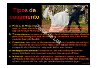 a) Pleno ou de Almas afins - encontro de almas amigas que consolidam afetos
além da carne; são casamentos felizes em que o interesse material e sexual
não têm nenhum valor decisivo de sustentabilidade. Pouco comuns.
b) Transcendentes - encontro de almas afins iluminadas por objetivos elevados
para trabalharem juntas com fins altamente construtivos (exp. Allan Kardec
e Amélie-Gabrielle Boudet)
c) Provacionais - encontro de almas mutuamente comprometidas (até inimigas)
com o objetivo de se reajustarem e ressarcirem débitos cármicos mútuos,
com paciência, tolerância e resignação. O tipo mais comum.
d) de Resgate ou Sacrificiais - encontro de uma alma iluminada com uma
menos adiantada, para reconduzi-la ao bem (exp. Alcíone e Pólax).
e) Acidentais - encontros não programados obedecendo apenas a impulsos
carnais; sem ascendentes espirituais ou ligação afetiva. Ocorrem em grande
número podendo até dar certo, por adaptação mútua dos cônjuges.
EaM & VS6
 